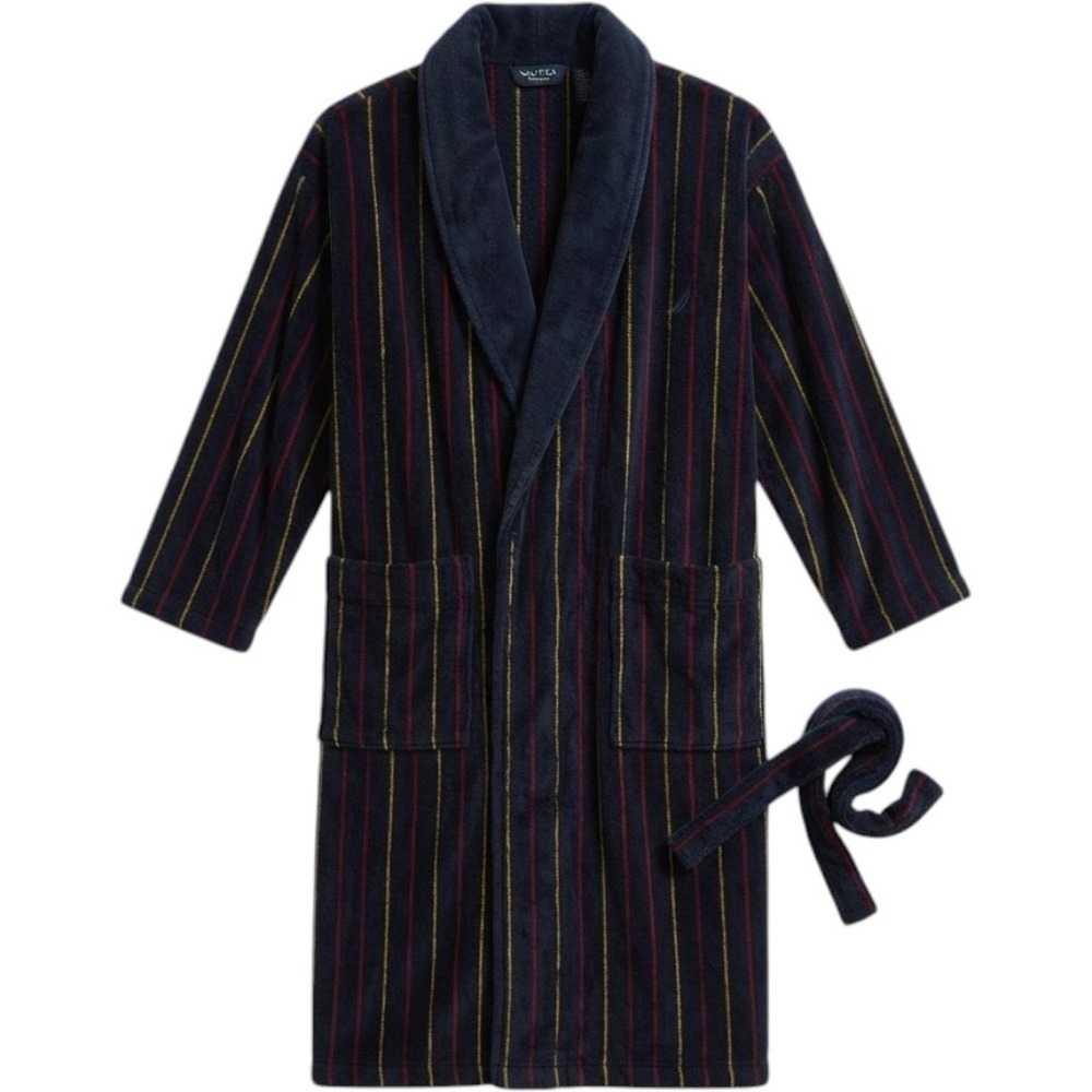 Nautica Robe Mens One Size Navy Blue Striped Fleece Plush Belted EUC Preppy